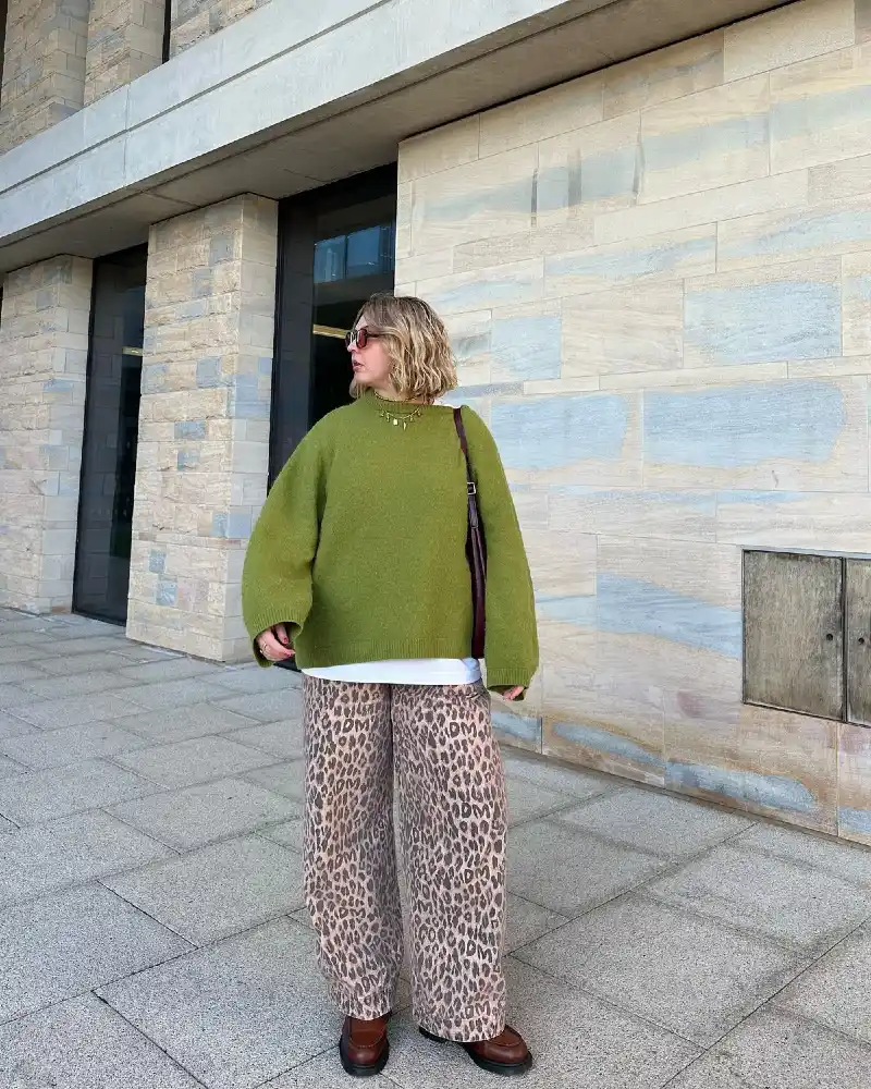 Olive Green Chunky Knit Sweater With Leopard Print Wide-Leg Trousers