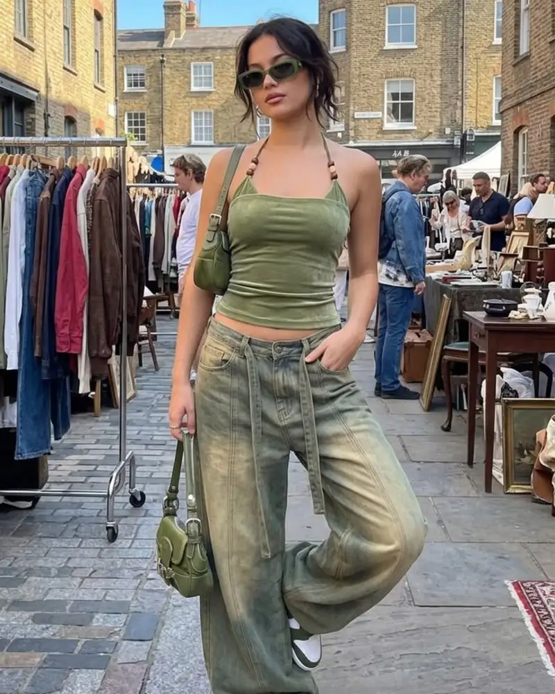 Olive Green Halter Crop Top with Washed Green Baggy Jeans and Green Sneakers