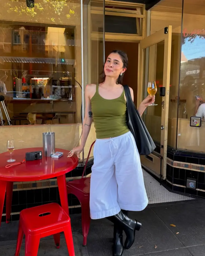 Olive Green Tank + White Wide Culottes + Black Boots