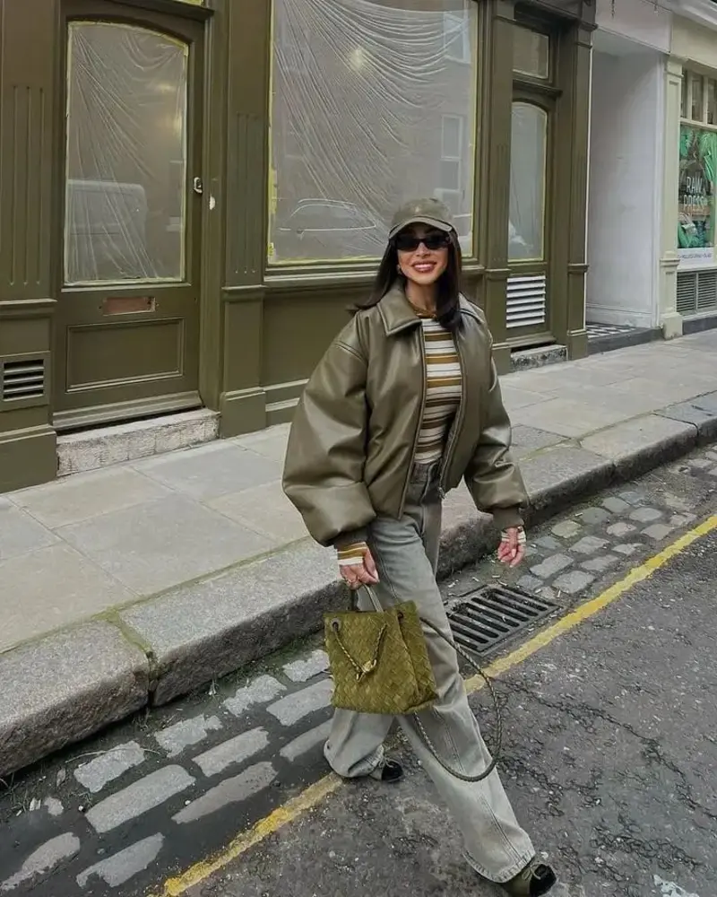 Olive Leather Bomber Jacket With Wide-Leg Grey Jeans