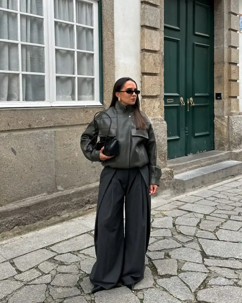 Olive Leather Jacket and Dark Pinstripe Wide Trousers