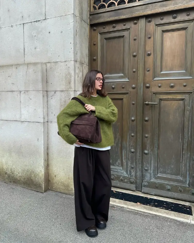 Olive Mohair Knit and Dark Trousers