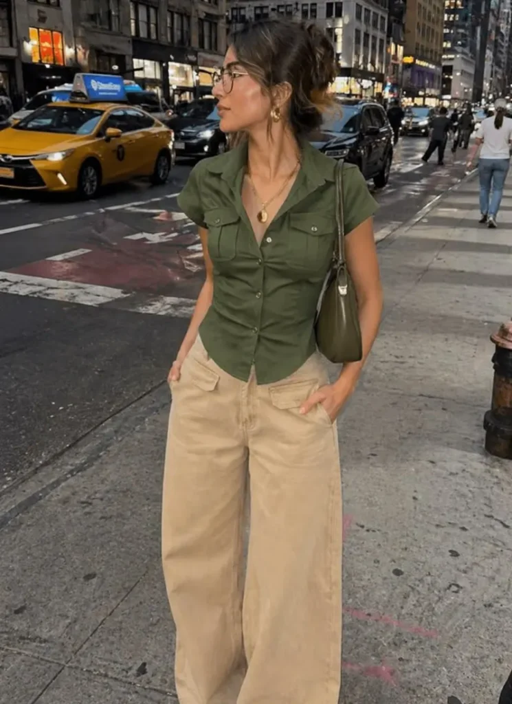 Olive Utility Shirt with Beige Wide Leg Trousers and Green Pointed Heels