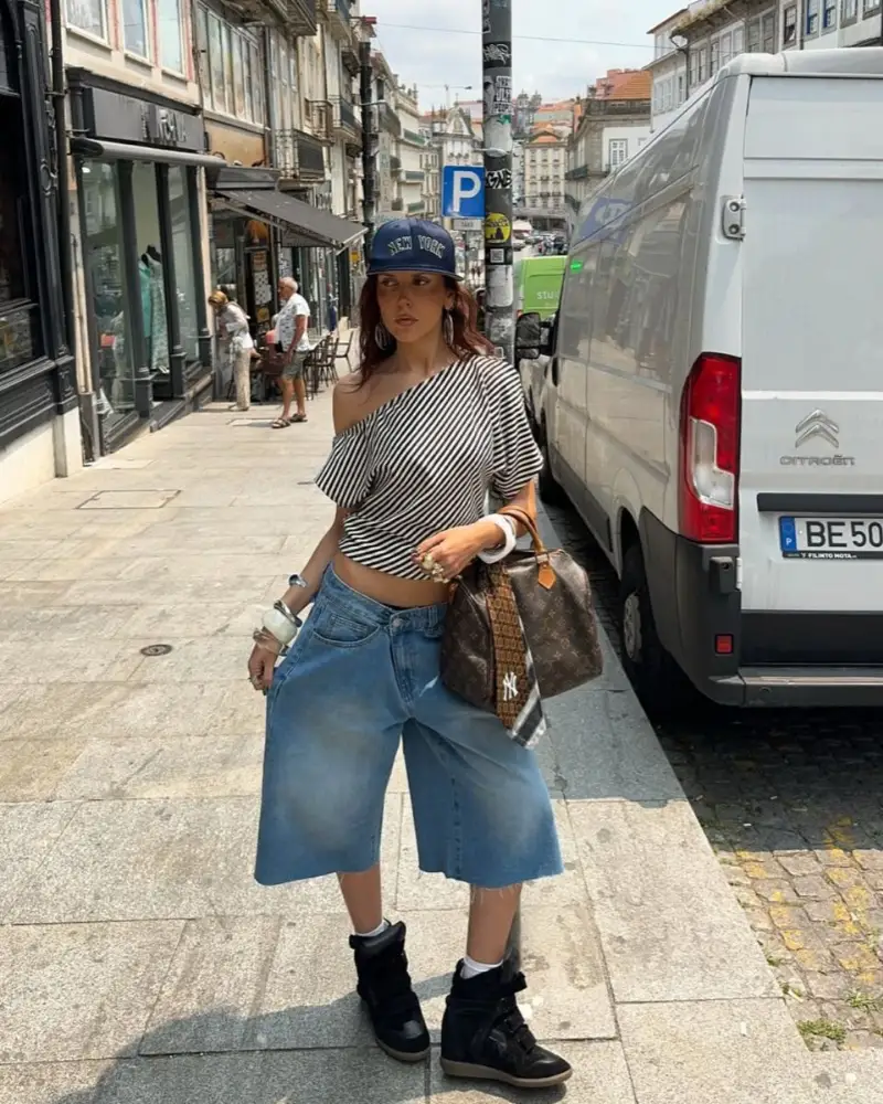 One-Shoulder Stripe Crop Top + Wide Light Wash Jorts + Wedge Sneakers