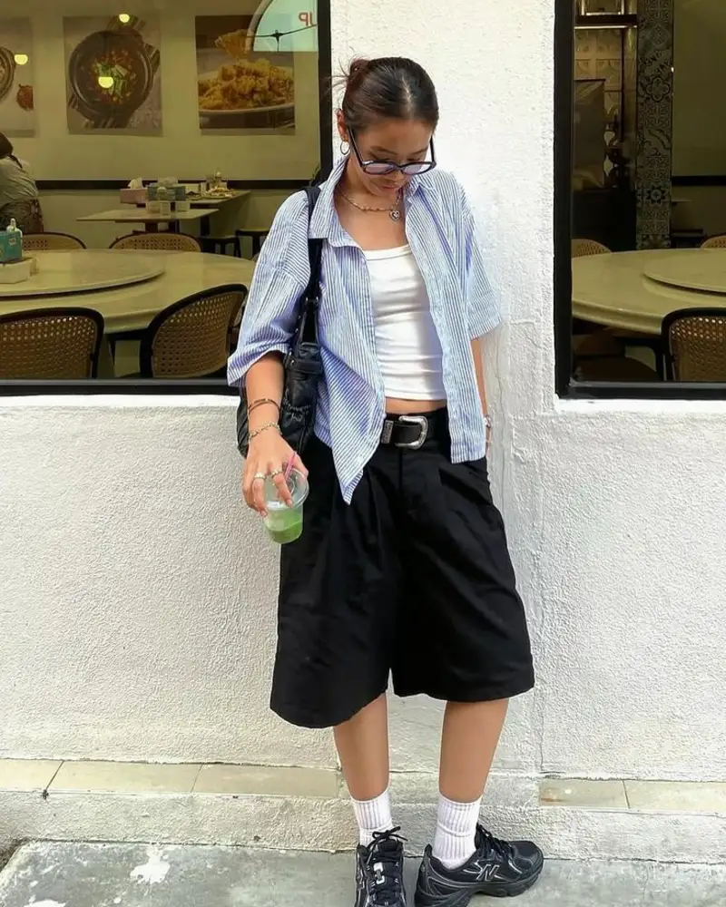 Open Stripe Shirt Over White Crop Top with Black Shorts
