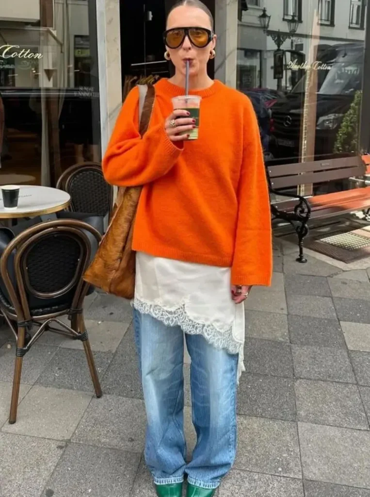 Orange Oversized Knit With Lace Slip and Wide-Leg Jeans