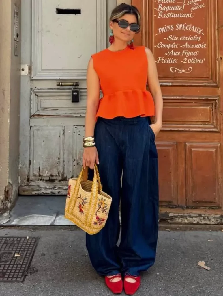 Orange Peplum Top + Wide-Leg Navy Trousers