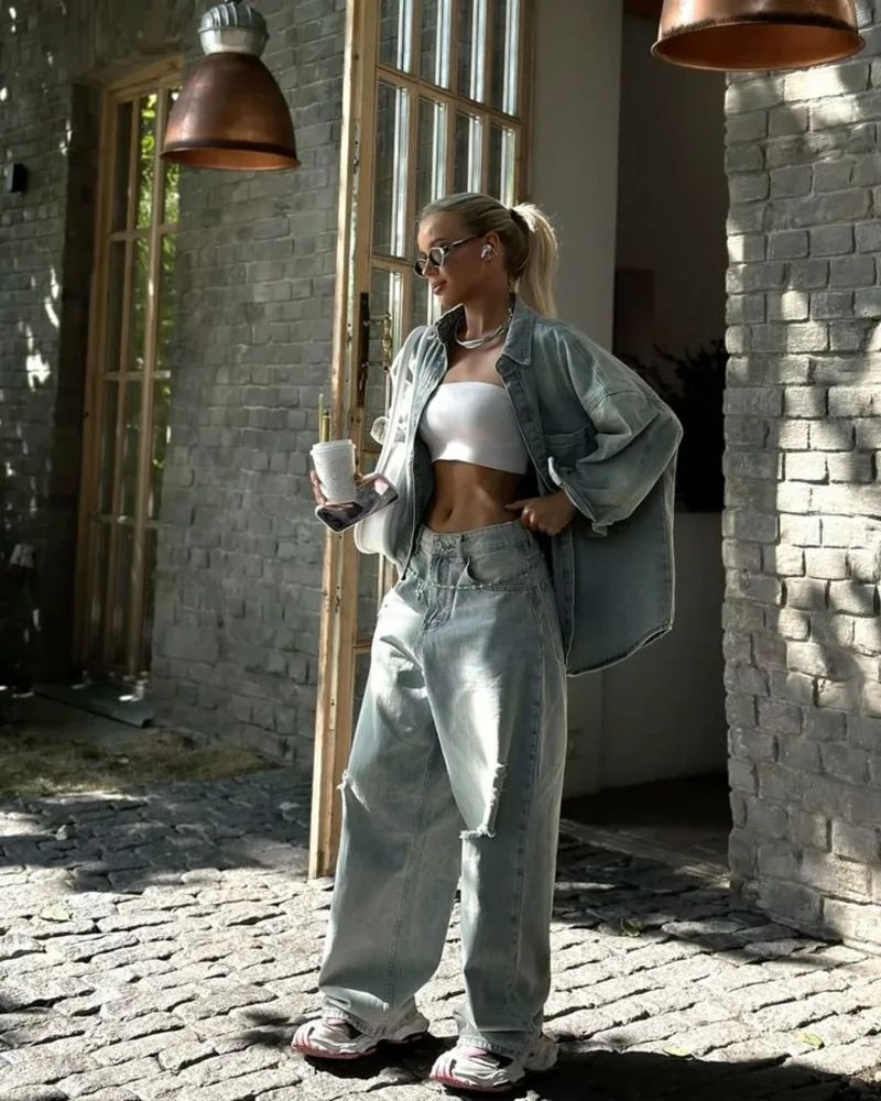 Oversized Denim Jacket with White Bandeau and Baggy Ripped Jeans