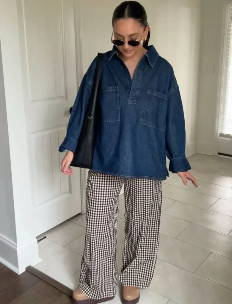 Oversized Denim Pullover Shirt With Brown Gingham Trousers