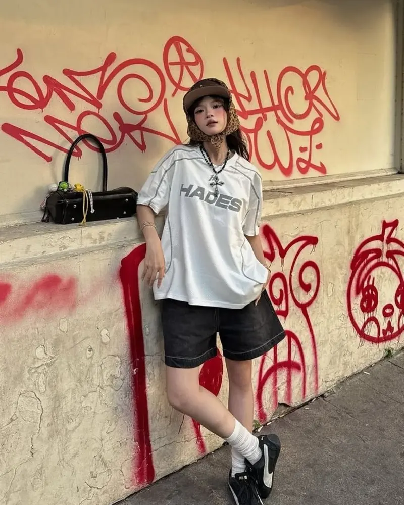 Oversized Jersey Tee + Black Denim Shorts + Pumas