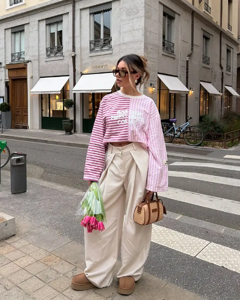 Oversized Pink Graphic Top + Cream Wide Trousers