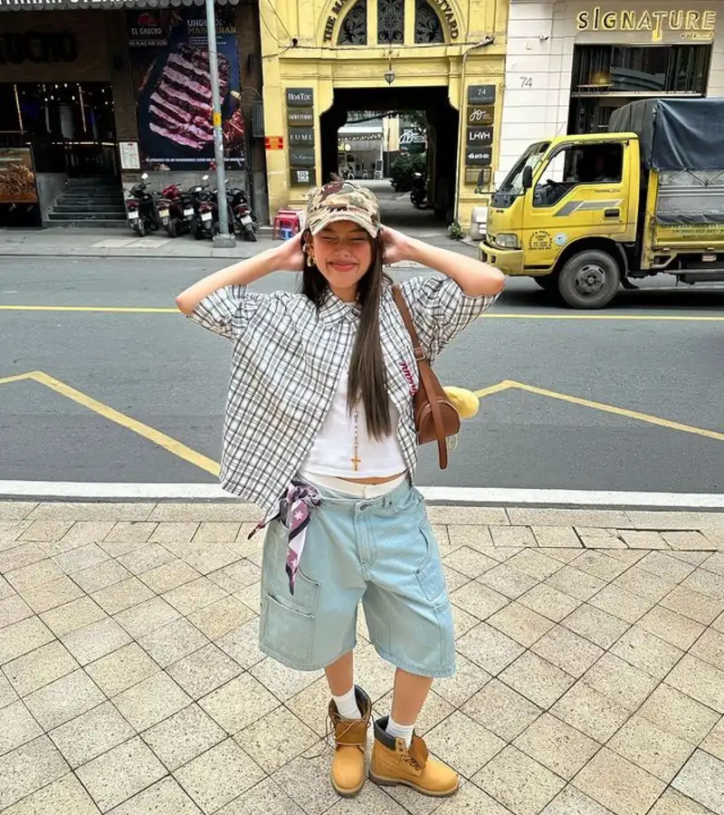 Oversized Plaid Shirt with Cargo Jorts and Tan Timberland Boots