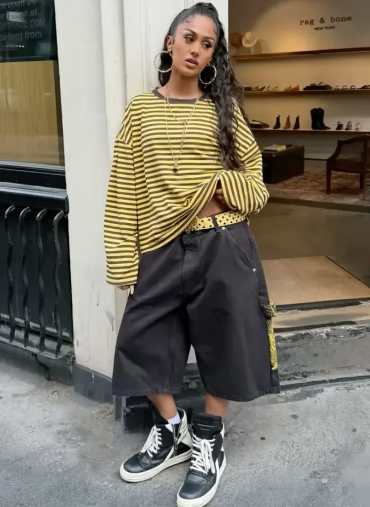  Oversized Striped Long-Sleeve + Dark Shorts