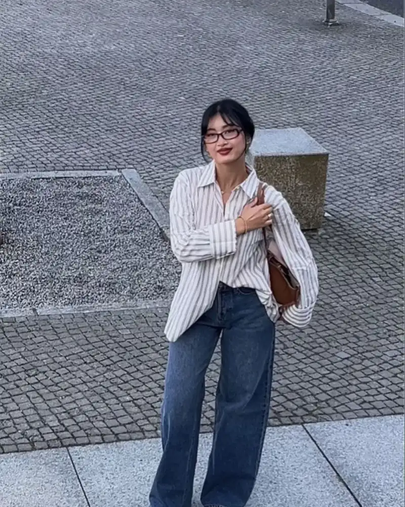 Oversized Striped Shirt + Dark Wide-Leg Jeans
