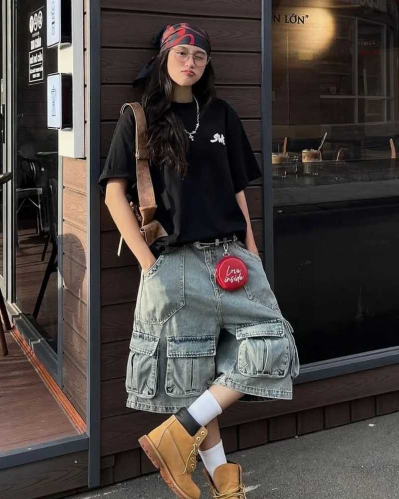 Oversized Tee + Cargo Denim Shorts