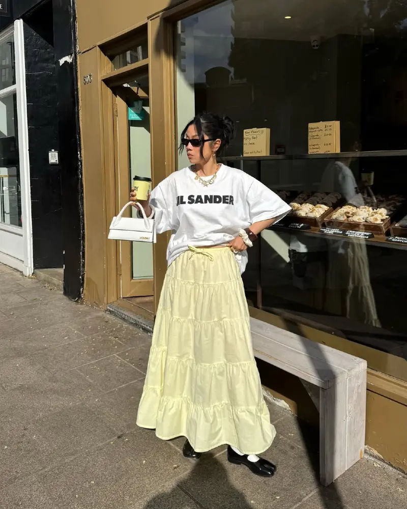 Oversized Tee + Yellow Tiered Maxi Skirt