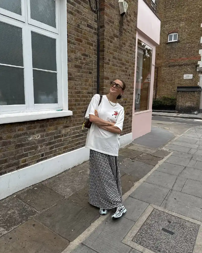 Oversized White Graphic Tee + Gingham Wide Pants + Chunky Sneakers