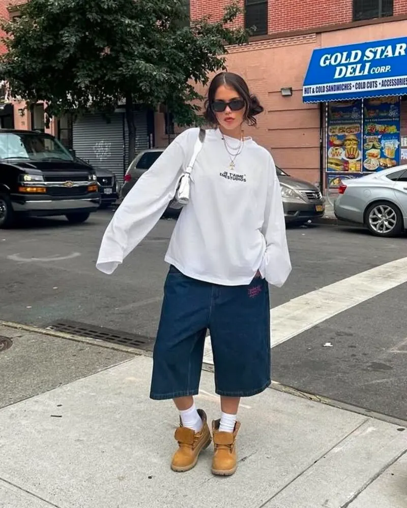 Oversized White Longsleeve + Dark Denim Bermuda Shorts 