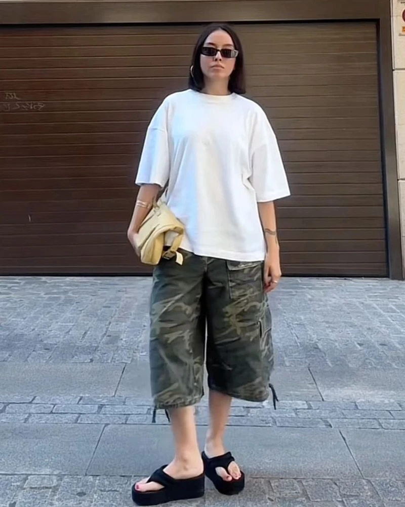 Oversized White Tee and Camo Cargo Shorts with Platform Sandals