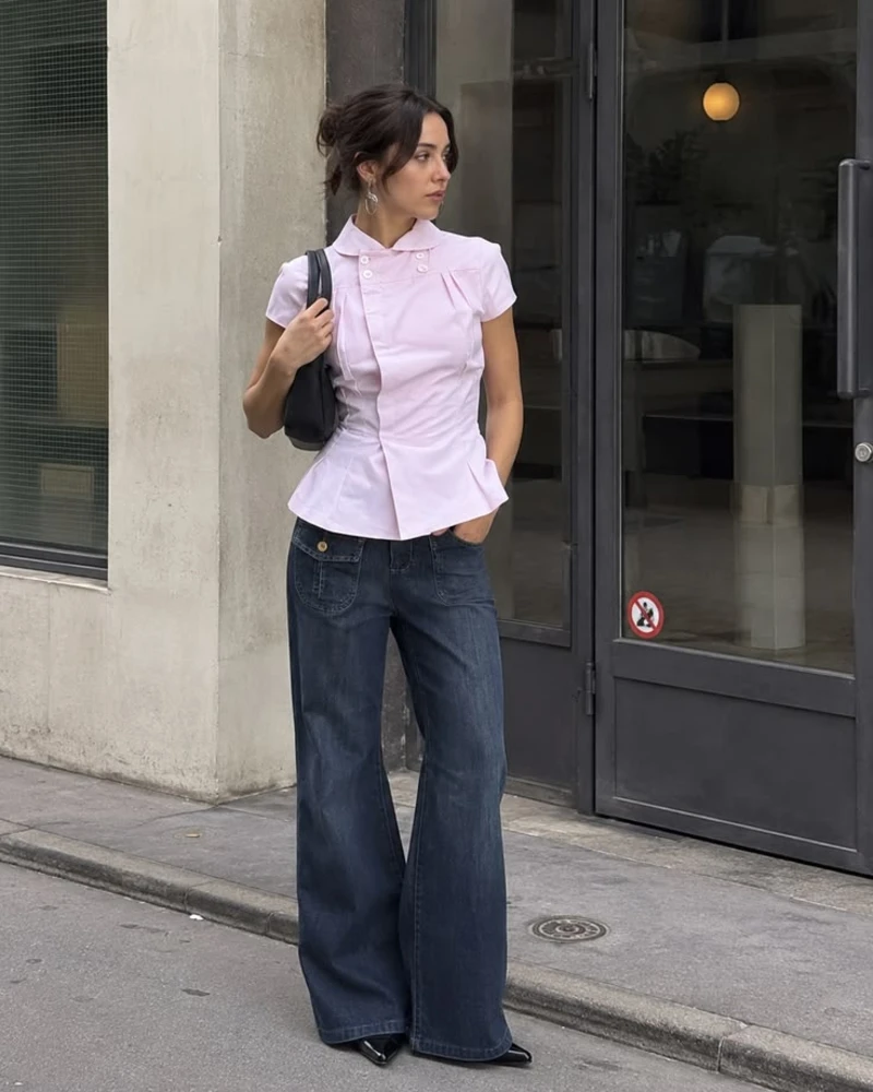 Pale Pink Peplum Blouse + Dark Wide-Leg Jeans
