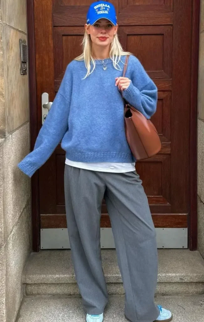 Periwinkle Knit, Grey Trousers, Blue Cap