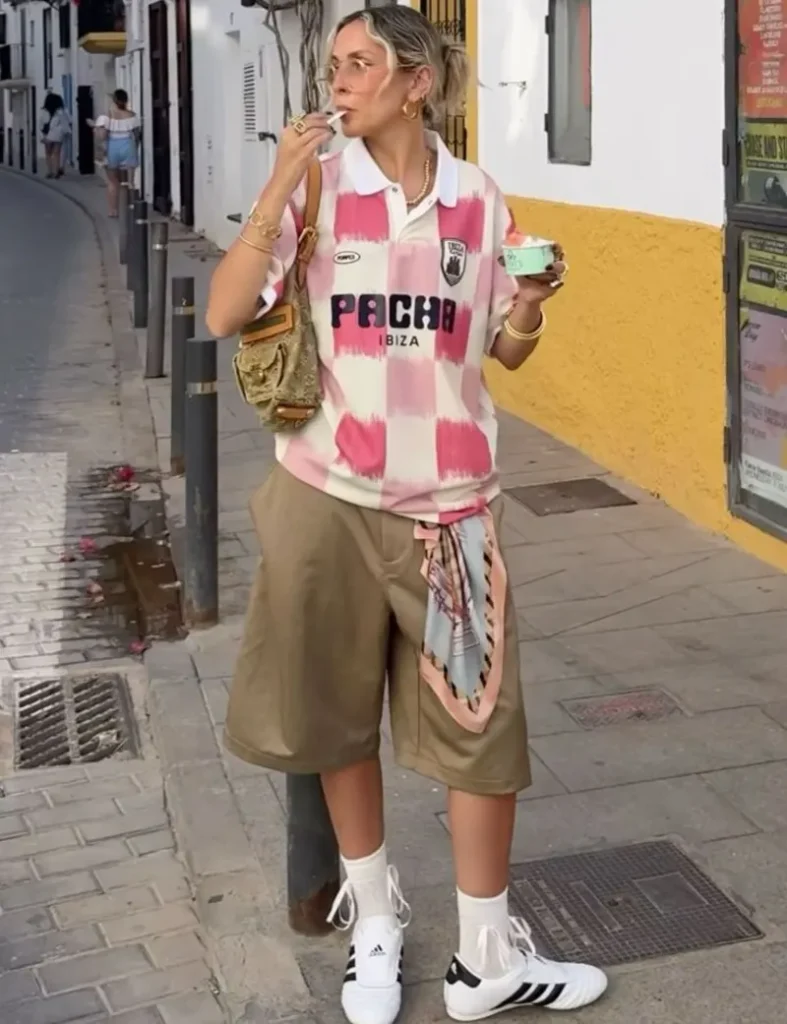 Pink Checkered Jersey and Khaki Bermuda Shorts with Sneakers