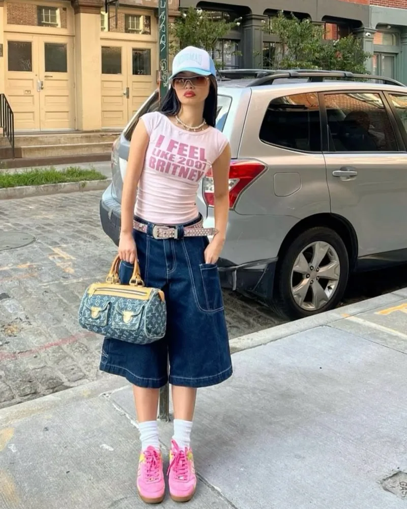 Pink Crop Tee with Dark Denim Jorts and Pink Sneakers