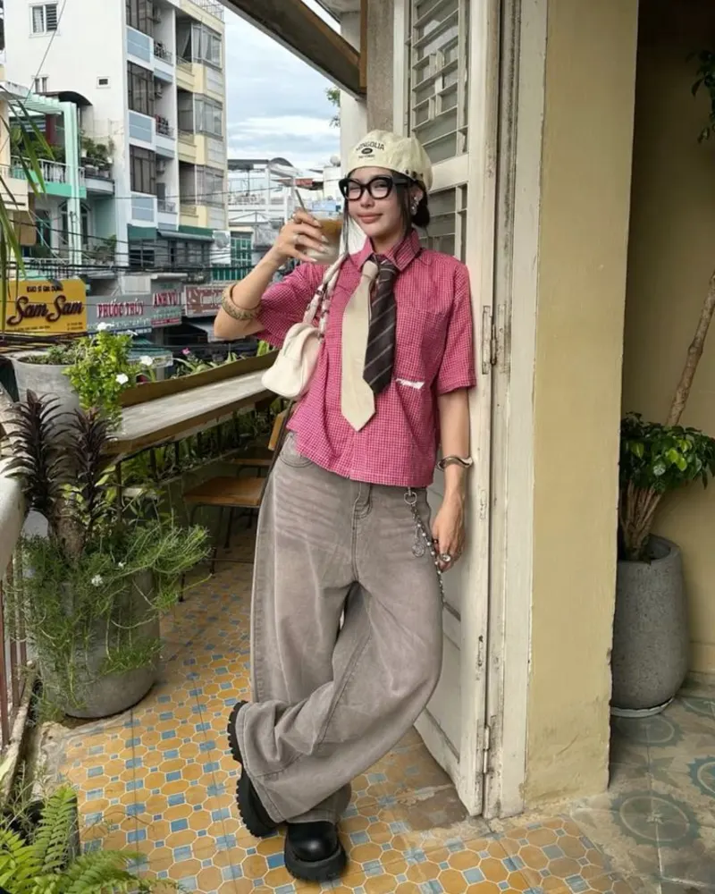 Pink Gingham Shirt with Tie and Baggy Grey Jeans