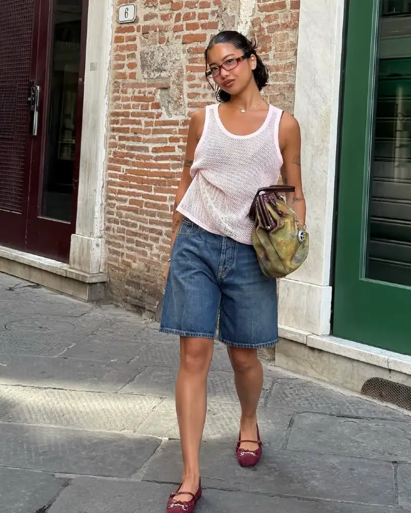 Pink Mesh Tank + Medium Wash Denim Bermuda Shorts + Burgundy Ballet Flats