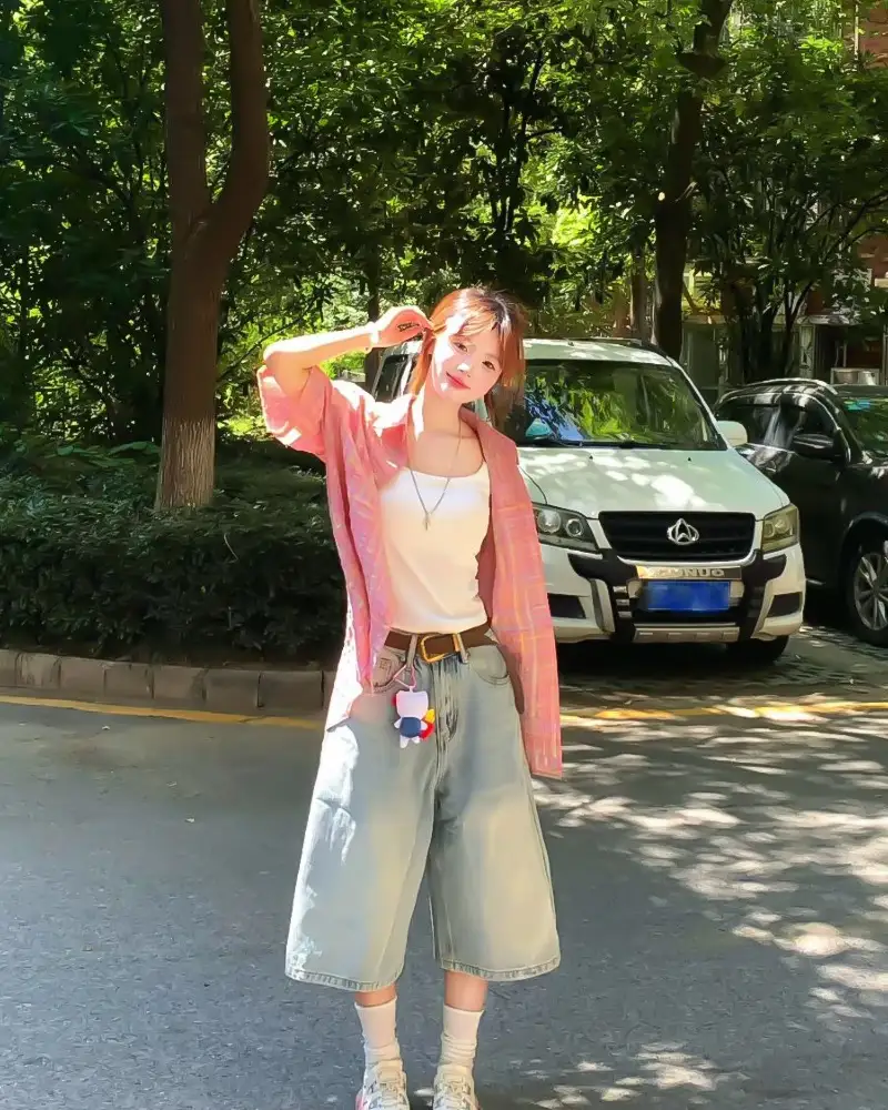 Pink Plaid Shirt + White Tank + Wide Denim Culottes