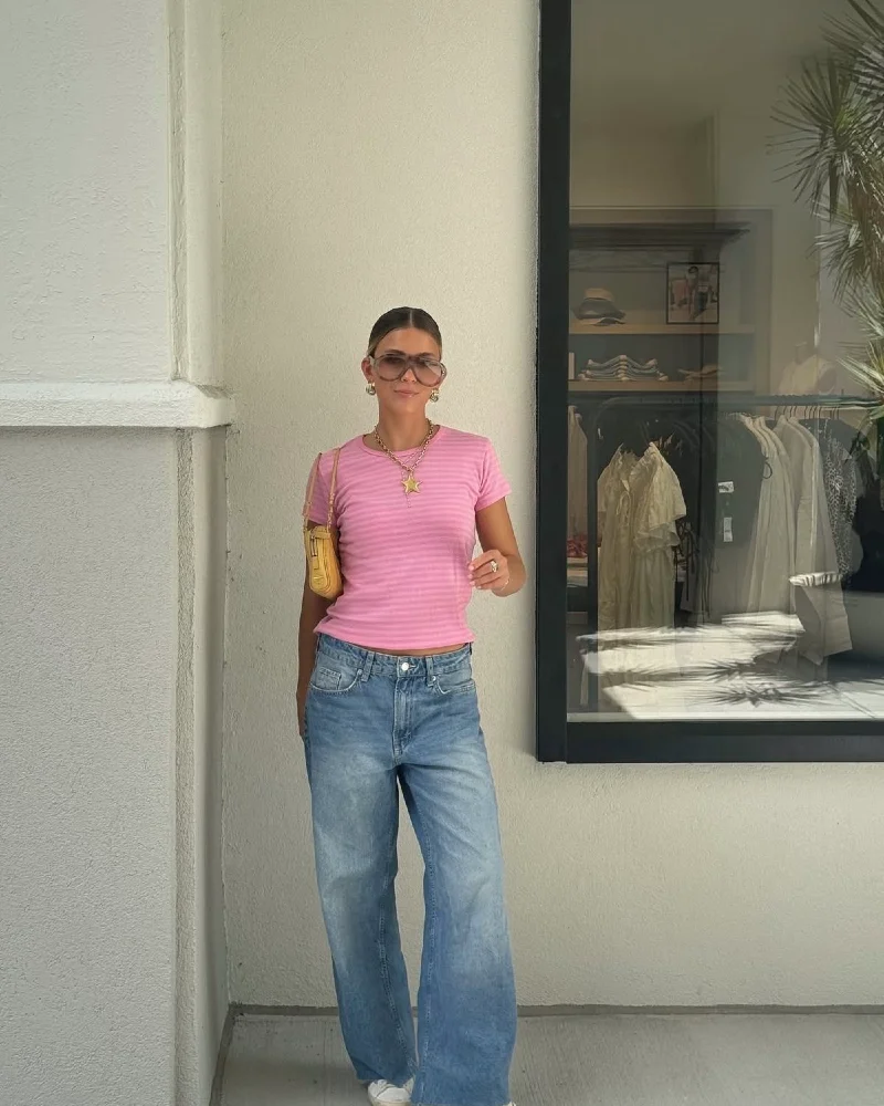 Pink Stripe Baby Tee + Wide-Leg Jeans