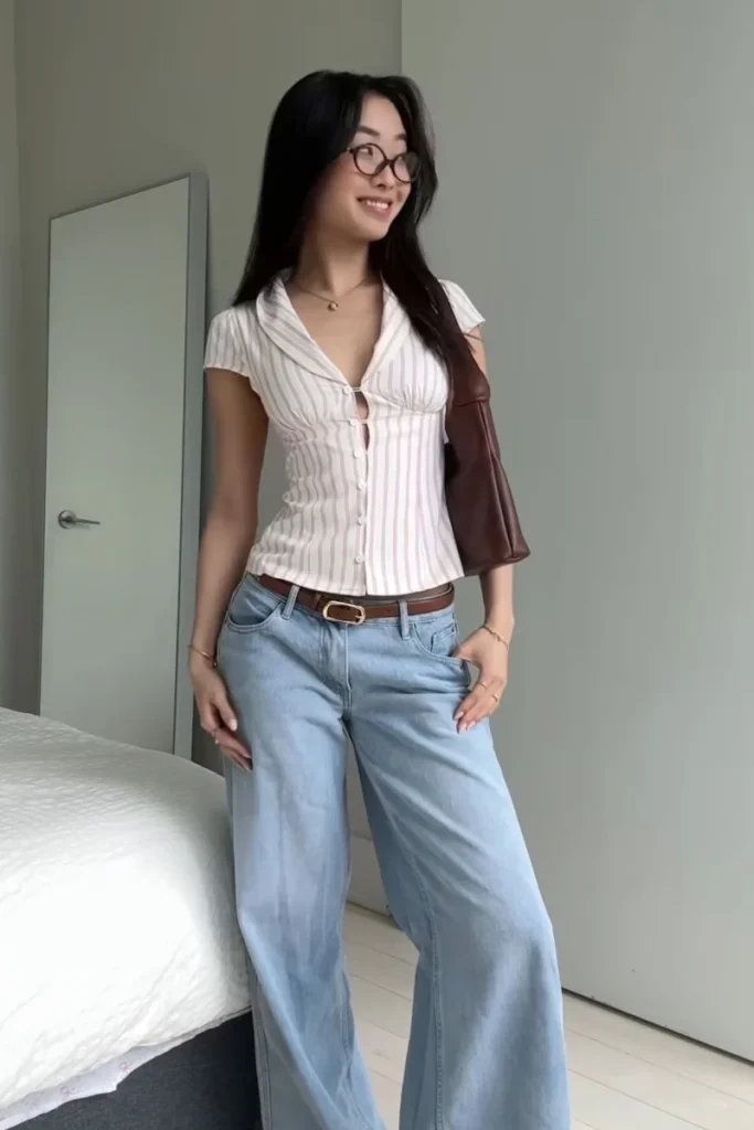 Pink Stripe Corset Top + Light Wash Wide-Leg Jeans 