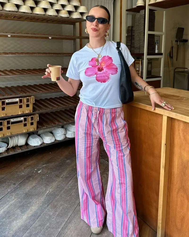 Pink Stripe Wide-Leg + Floral Graphic Tee