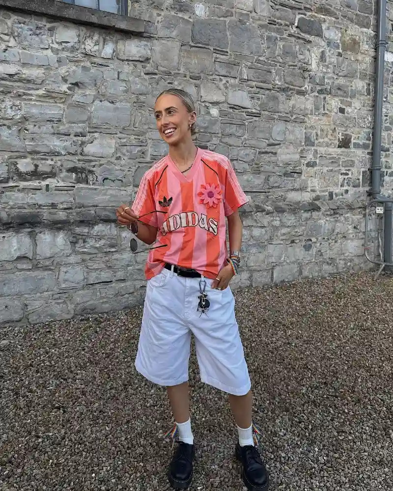 Pink Striped Adidas Football Jersey + White Denim Shorts + Black Derby Shoes
