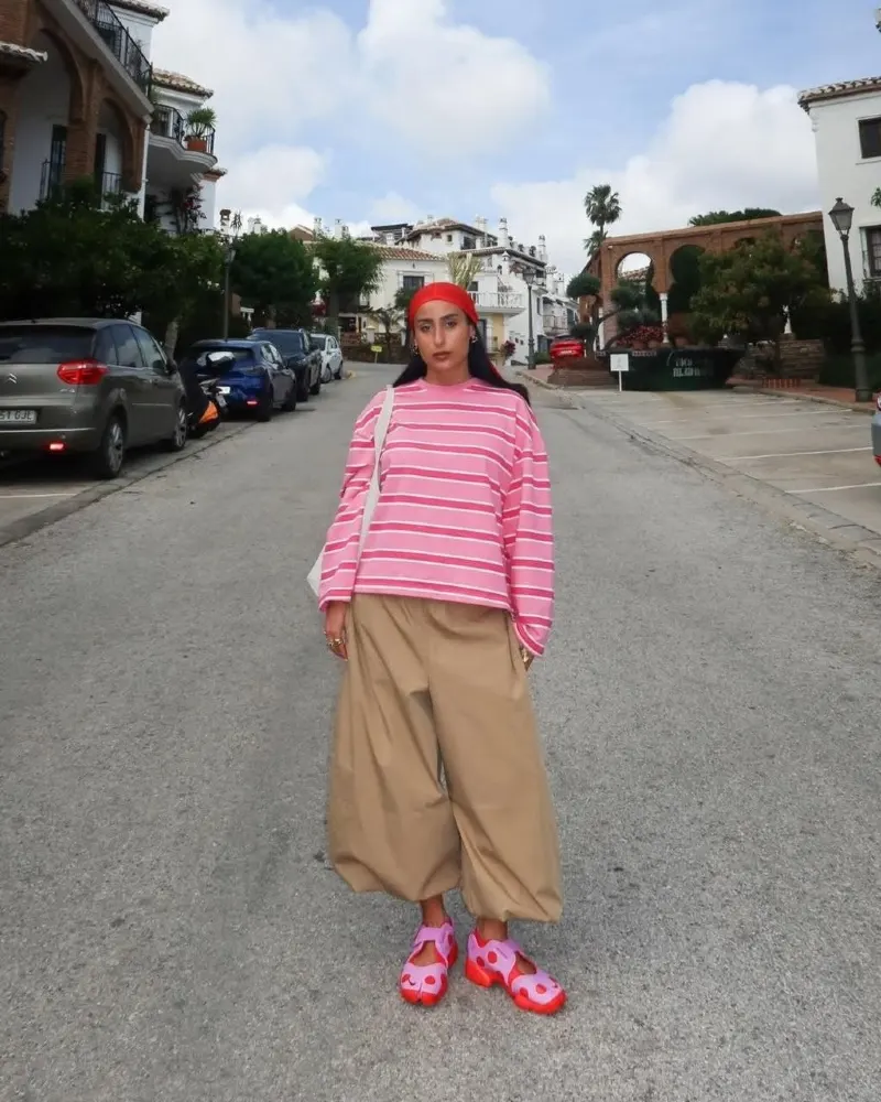 Pink Striped Oversized Sweater + Khaki Balloon Trousers + Polka Dot Sandals