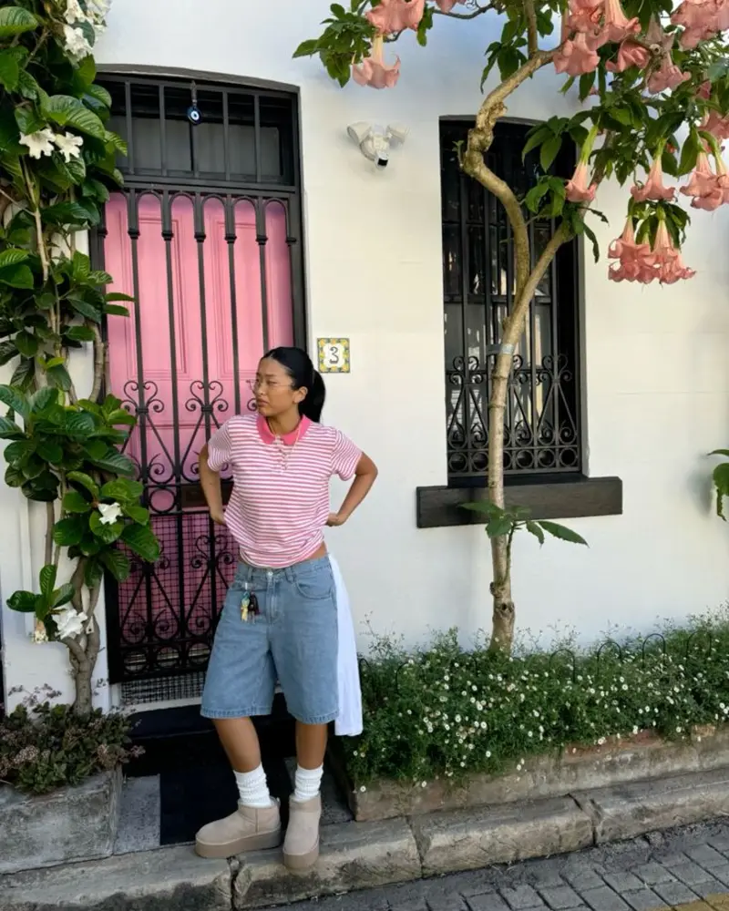 Pink Striped Polo Tee and Light Wash Wide-Leg Denim Shorts with UGG Platform Boots