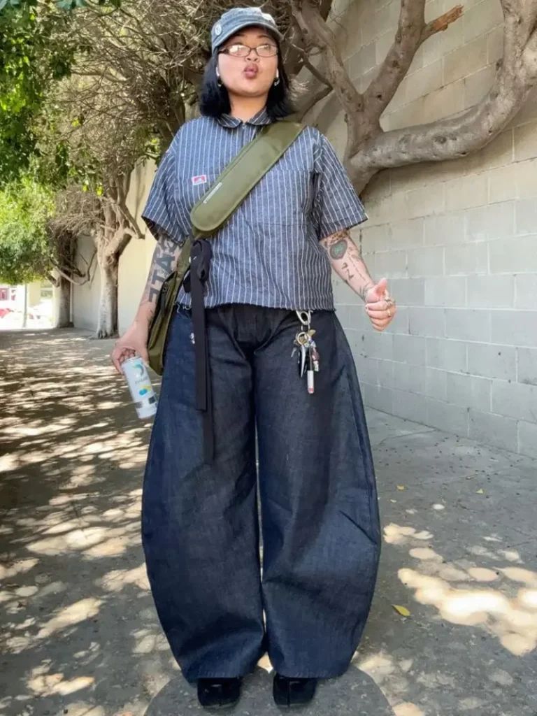  Pinstripe Work Shirt + Mega Wide Jeans on Campus 