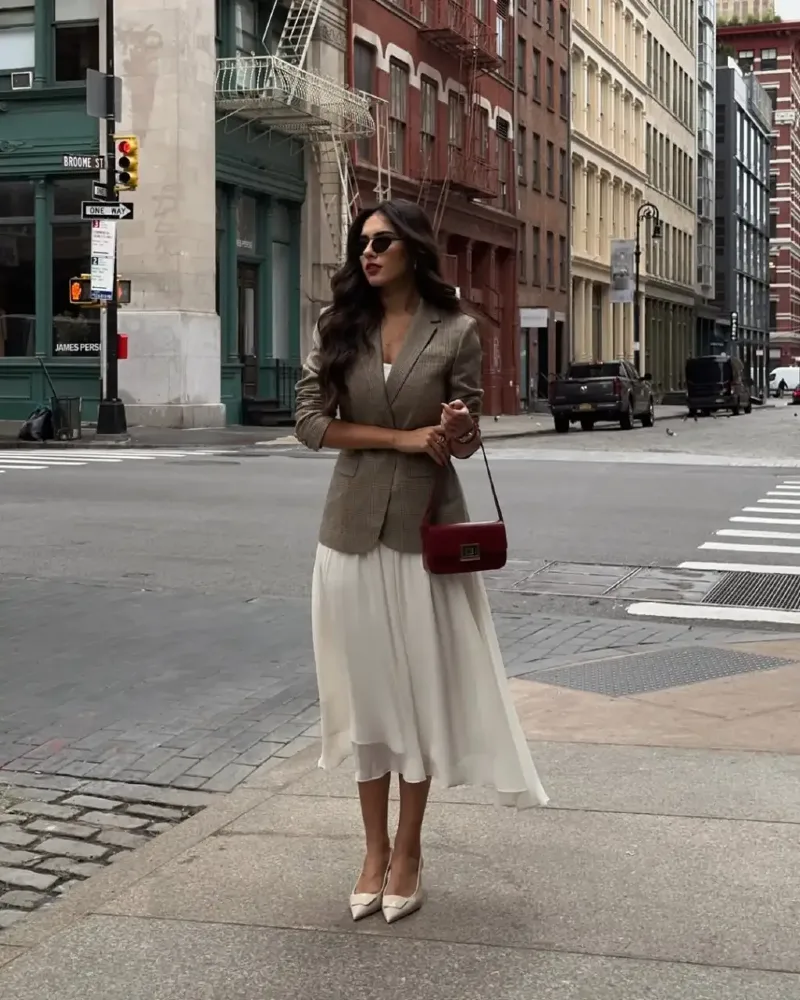  Plaid Blazer + White Flowy Midi Skirt
