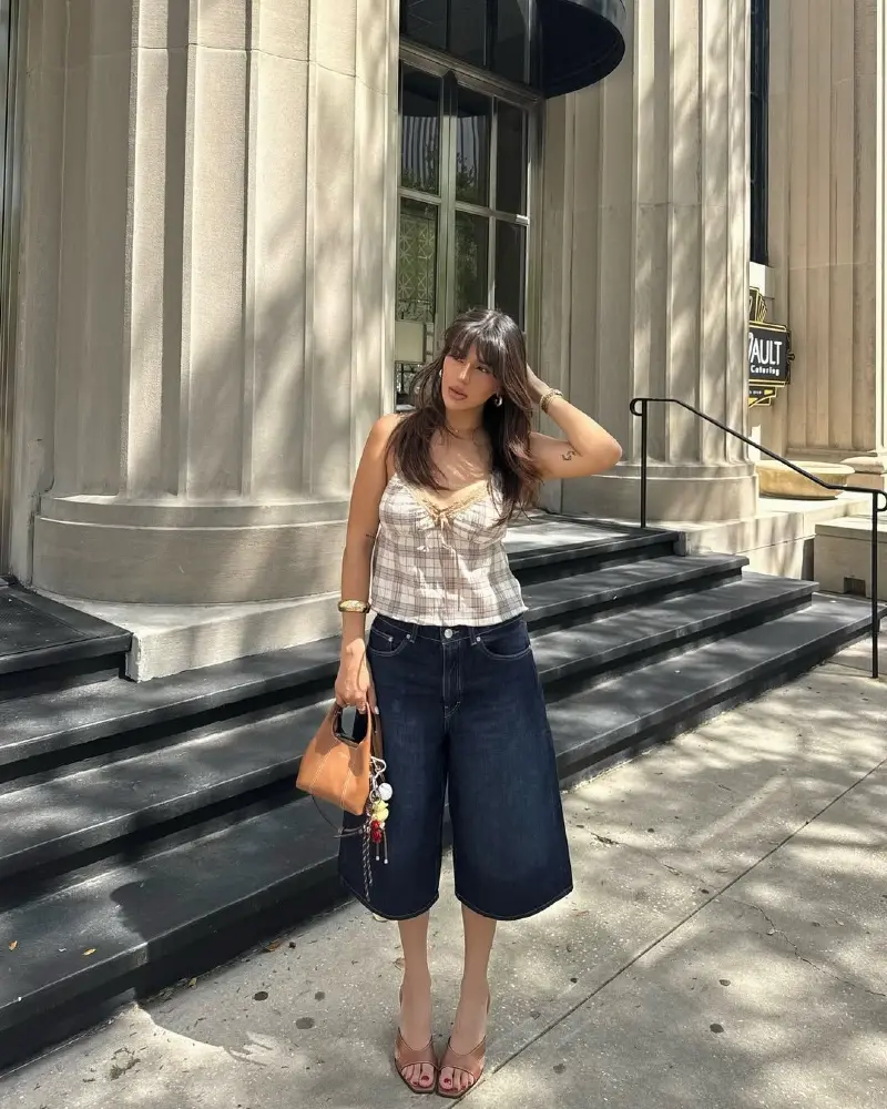 Plaid Lace-Trim Cami + Dark Denim Wide Shorts + Heeled Sandals