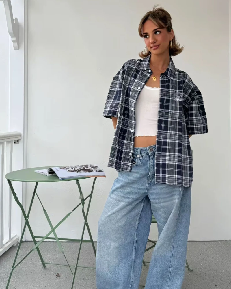 Plaid Shirt + White Crop Top + Wide-Leg Jeans