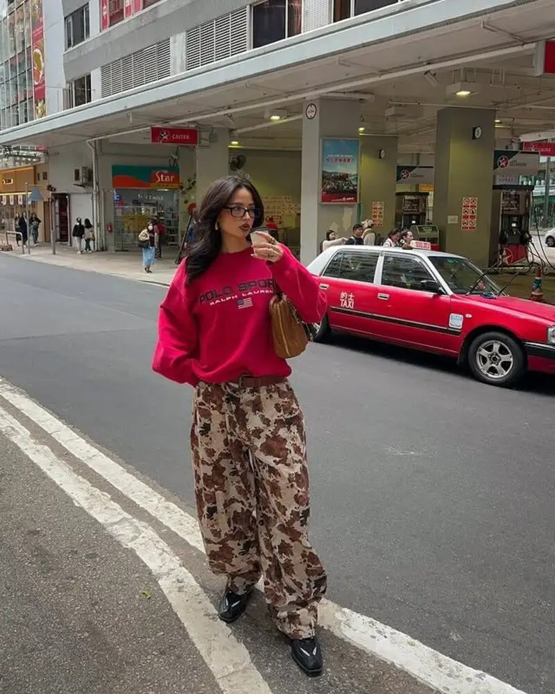 Polo Sport Red Sweatshirt + Brown Camo Cargo Pants + Black Boots