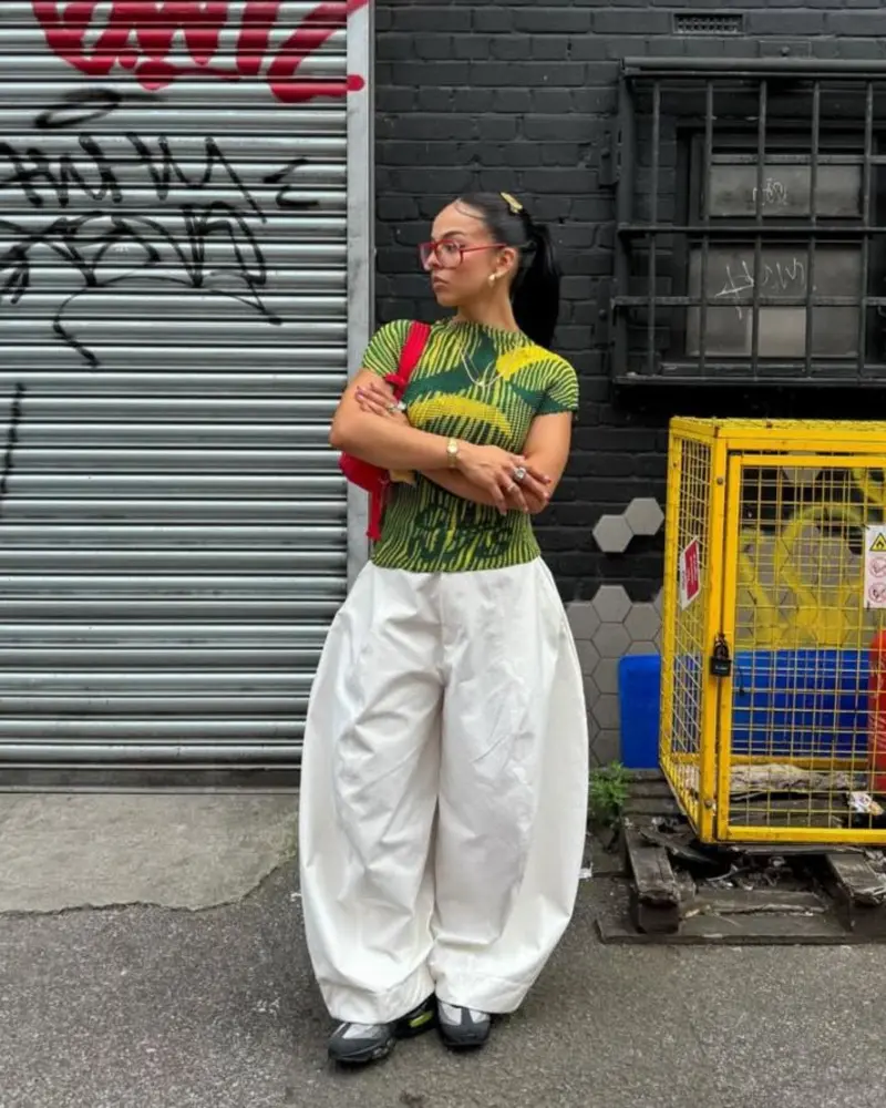 Printed Baby Tee + White Parachute Pants