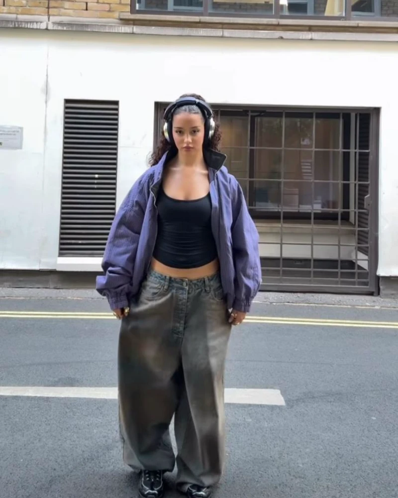  Purple Bomber + Cropped Black Tank + Washed Khaki Denim