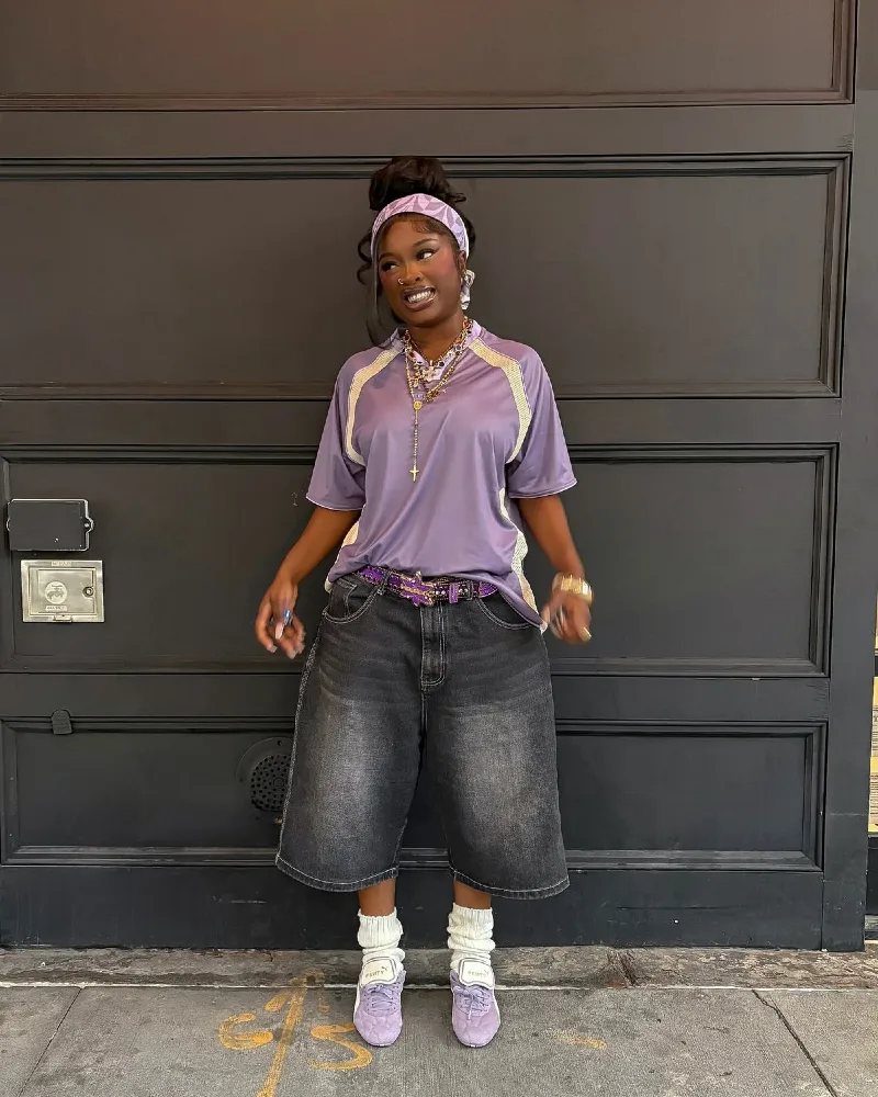 Purple Jersey + Black Denim Shorts + Fenty Puma Sneakers