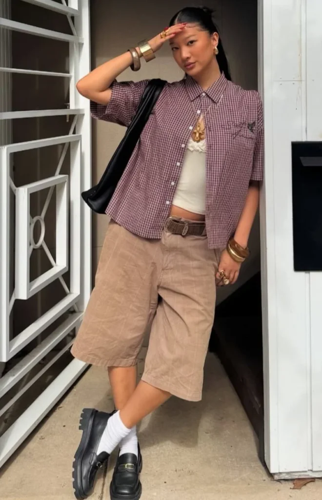 Purple Plaid Shirt + Tan Bermuda Shorts + Loafers
