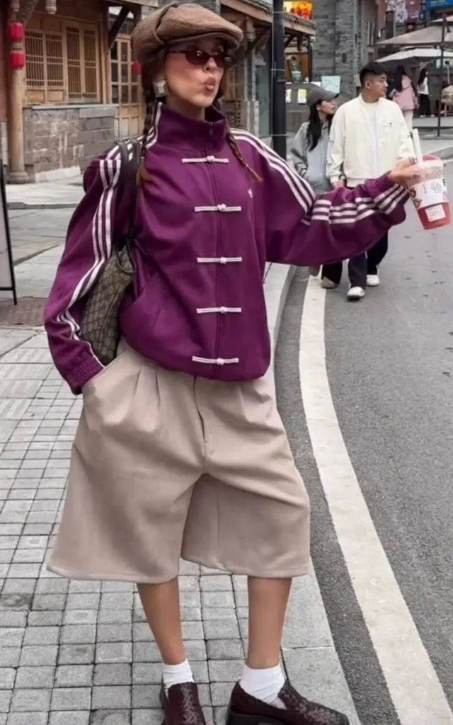 Purple Tang-Closure Track Jacket + Beige Bermuda Shorts + Tweed Loafers