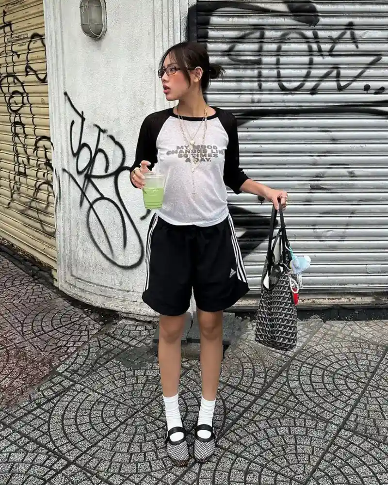 Raglan Graphic Tee with Black Athletic Shorts