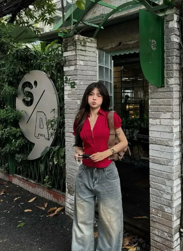 Red Button-Down Top + Light Wash Baggy Jeans