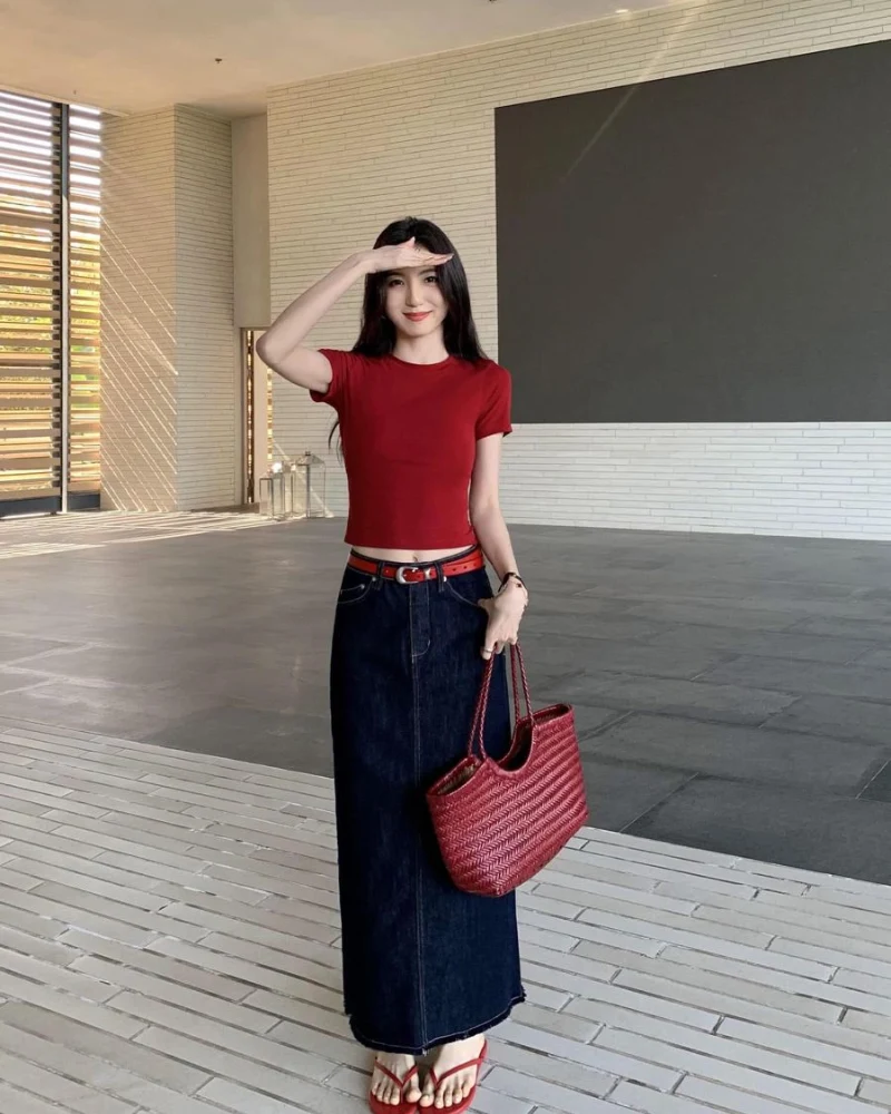 Red Crop Tee + Dark Denim Maxi Skirt Full Red Accessories
