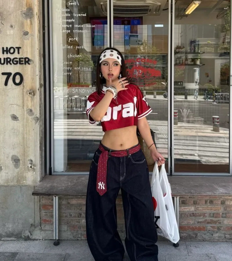 Red Cropped Jersey Top with Dark Baggy Jeans, Tie Belt and Bandana Headband
